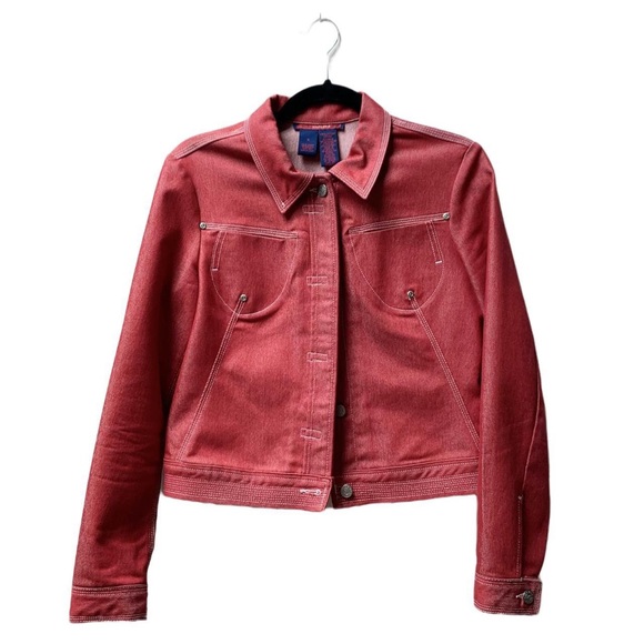 (SOLD) BCBG Maxazria Red Denim Jacket with White Contrast Stitching - Picture 2 of 6